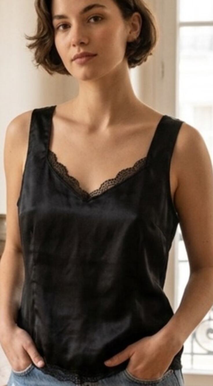Melrose vintage silk charmeuse cami blouse with lace trim
